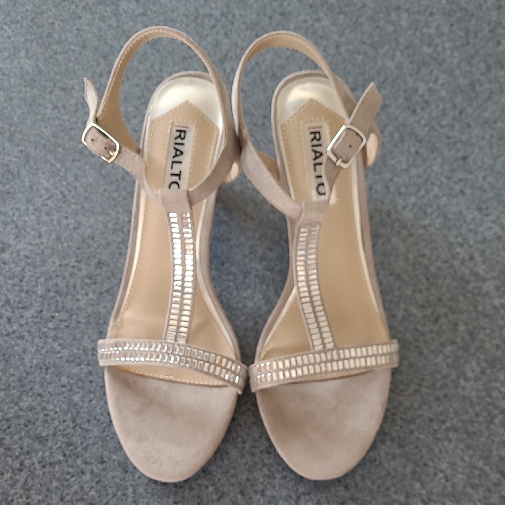 Rialto Tan Heels with Strappy Design and Rhinestone Accents
